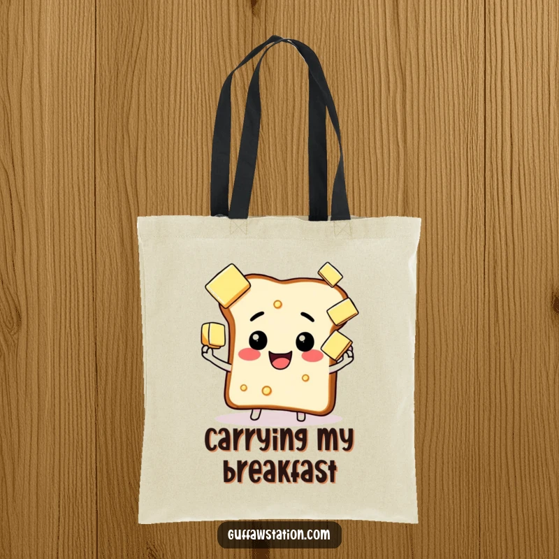 Funny happy toast juggling butter tote bag, a comical depiction of breakfast artistry, perfect for food lovers.
