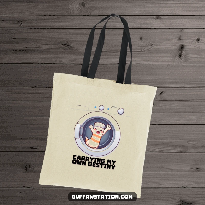 Funny Tote Bags: A cheeky sock waves victoriously after escaping the washing machine, making this bag perfect for carrying groceries and chuckles.