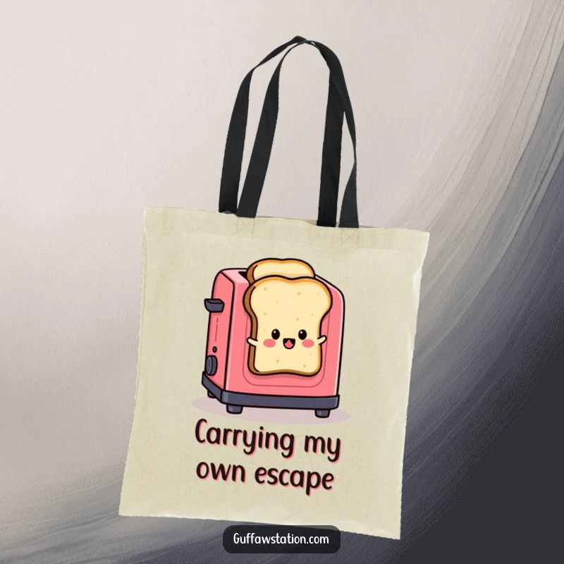 Funny tote bag with a slice of toast attempting to jump out of a toaster, a humorous and practical accessory.