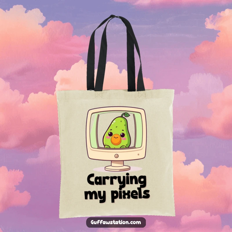 Funny tote bag showing a curious avocado peeking from a giant computer screen, a humorous and practical accessory.