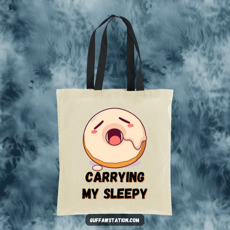 Funny sleepy donut with melting frosting yawning, featured on a durable and humorous tote bag.