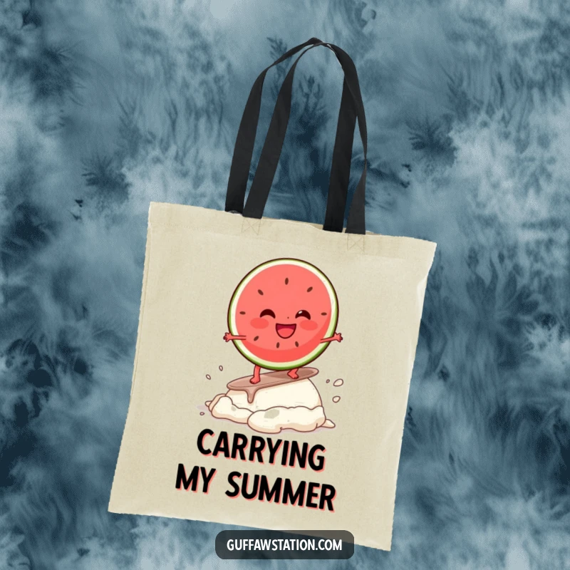 Funny tote bag depicting a giggling watermelon slice character surfing a melting ice cream, great for stylish and humorous carrying.