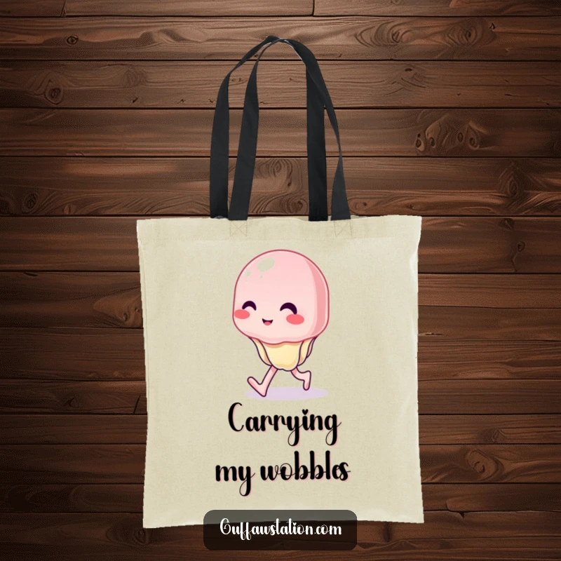 Funny tote bag illustrating a wobbly jelly character with an uncontrollable wobble, perfect for a humorous carry-all gift.