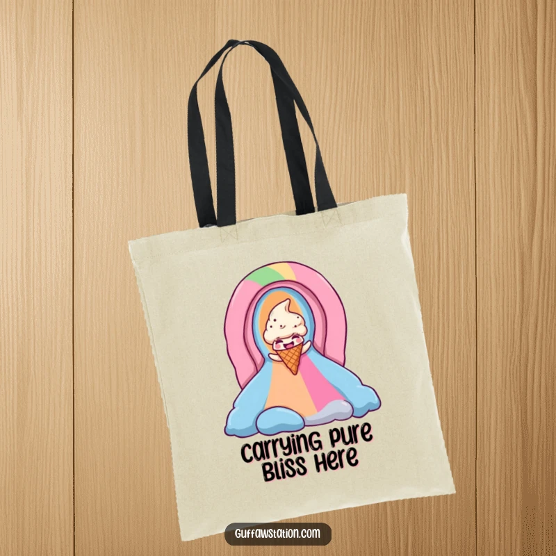 Funny ice cream cone tote bag illustrates a happy cone sliding down a rainbow, perfect for carrying essentials with a smile.