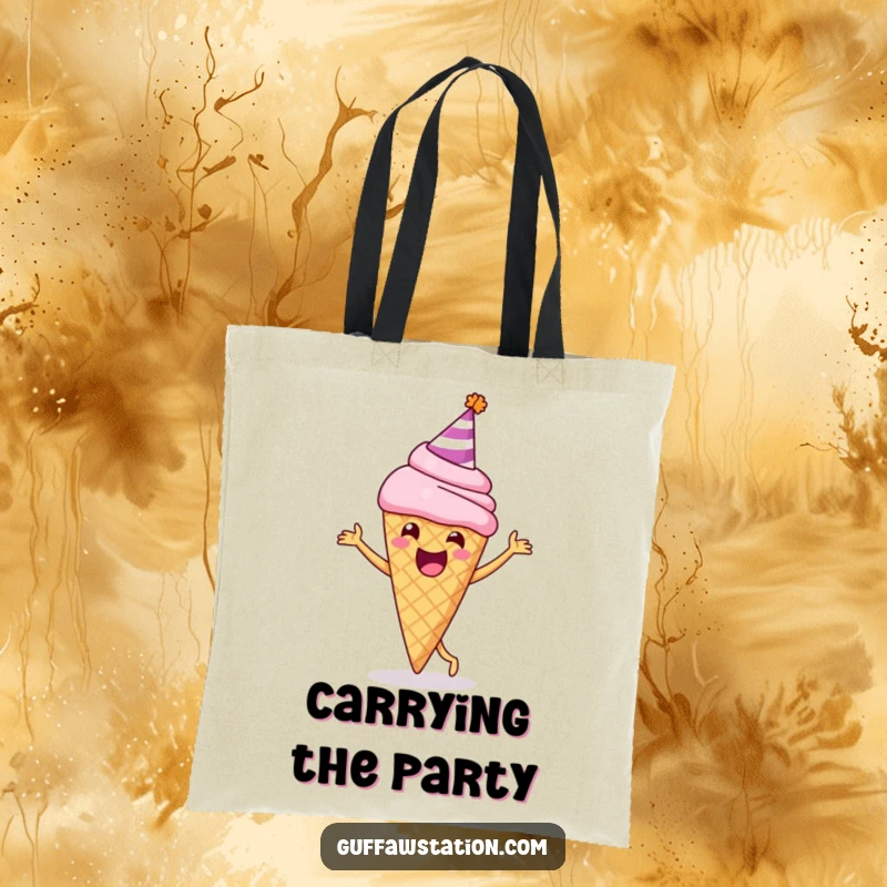 Funny tote bag showing a delighted ice cream cone in a party hat, happily dancing, perfect for carrying celebration essentials.