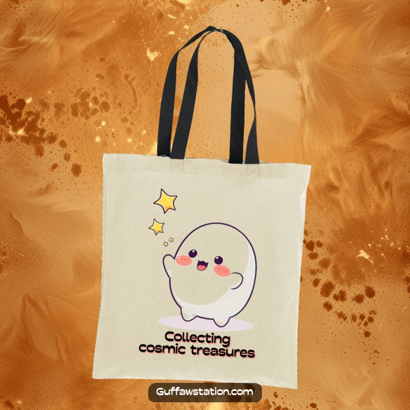 Funny blob character joyfully attempting to catch falling stars, a stylish and humorous tote bag.