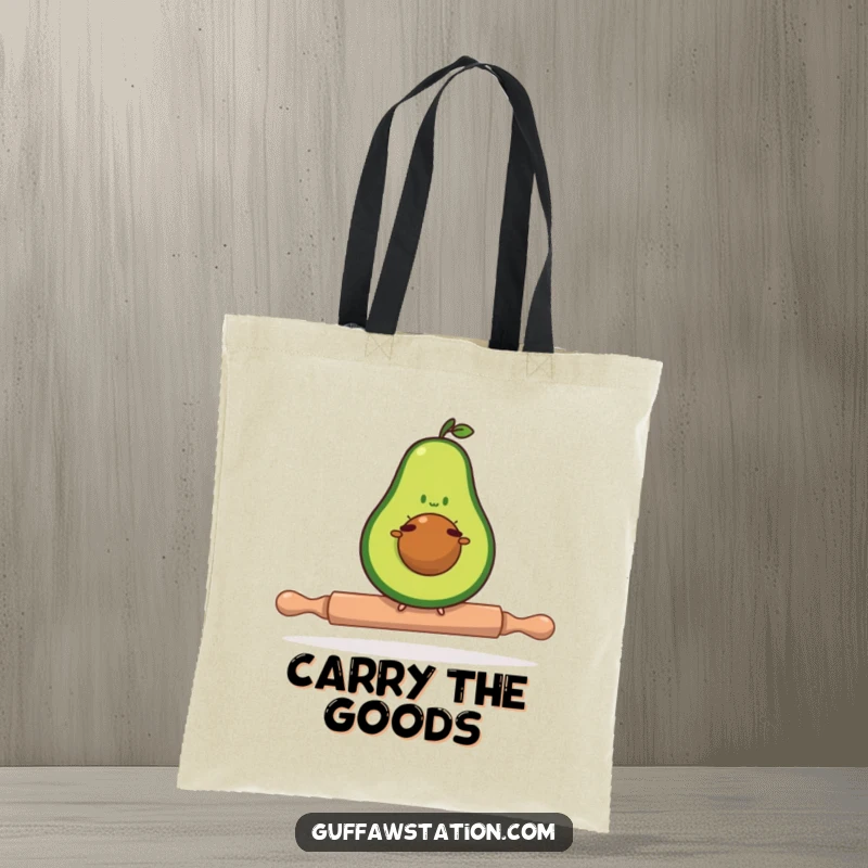 Funny avocado tote bag featuring a determined avocado balancing on a tiny rolling pin, a humorous and useful accessory.