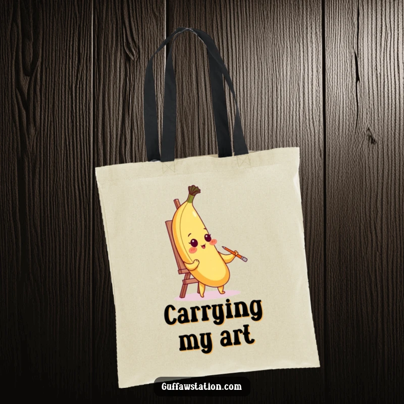 Funny blushing banana character painting its portrait with its peel on a tote bag, a humorous and artistic accessory.