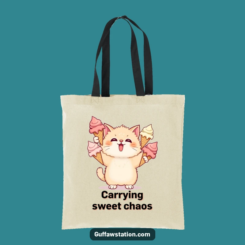 Funny Cat Juggling Ice Cream Tote Bag: Carry Your Sweet Mess, Practical Funny Gift