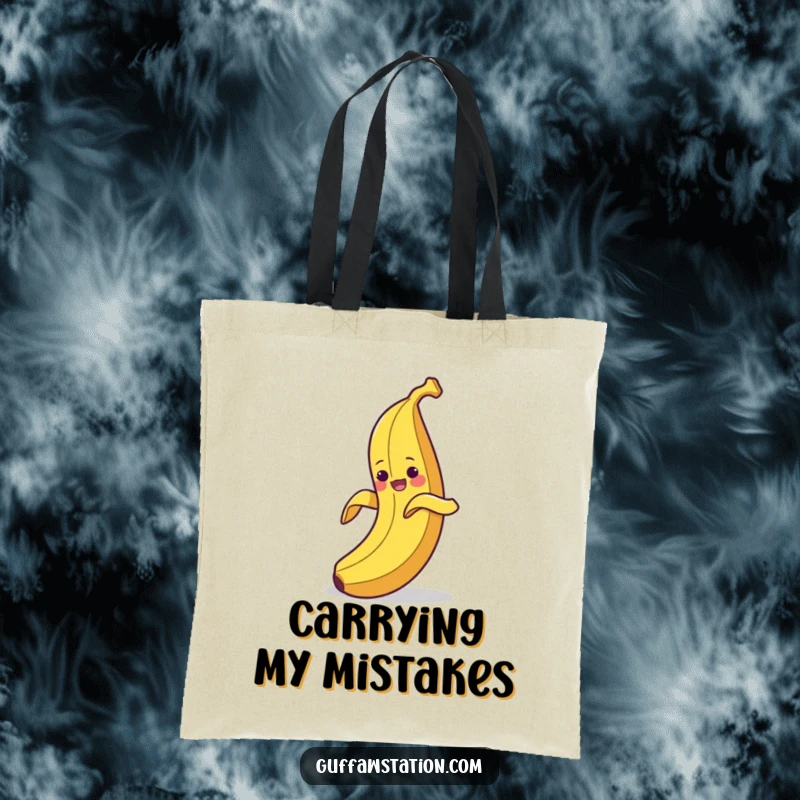 Funny tote bag showing a clumsy banana peeling itself and then slipping on its own peel, a humorous and practical accessory.