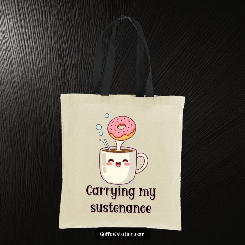 Funny tote bag depicting a coffee mug enthusiastically burping bubbles at a floating donut, full of morning silliness.