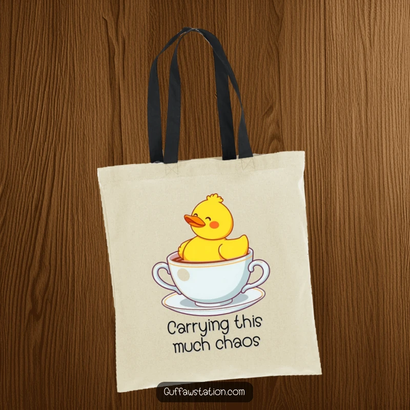 Funny rubber duck adrift in a giant teacup, a humorous tote bag design for everyday use.