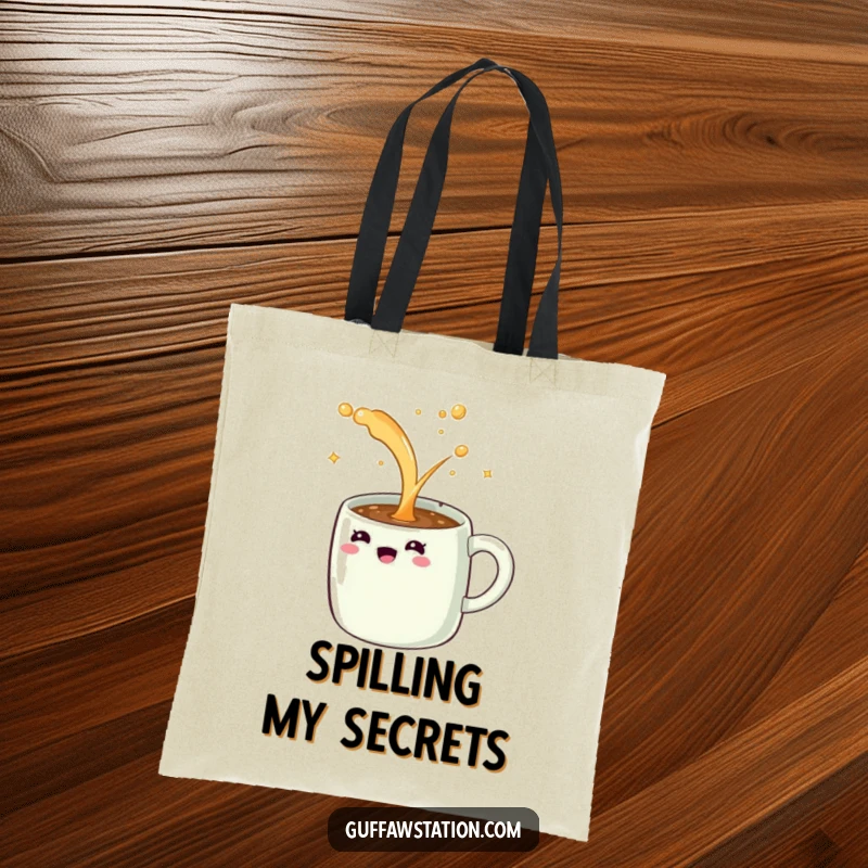 Funny tote bag with a giggling coffee mug spilling an endless stream of sparkling liquid, a cheerful and practical accessory.