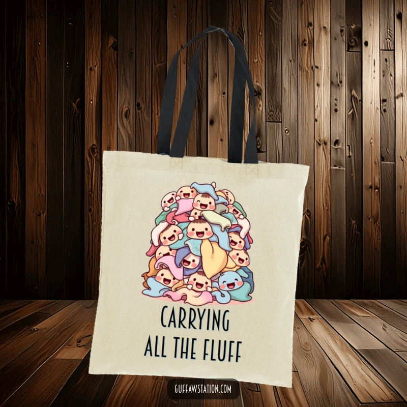 Funny laundry tote bag showcasing a tumbling pile of happy-faced clothes, perfect for carrying essentials with a cheerful, humorous vibe.