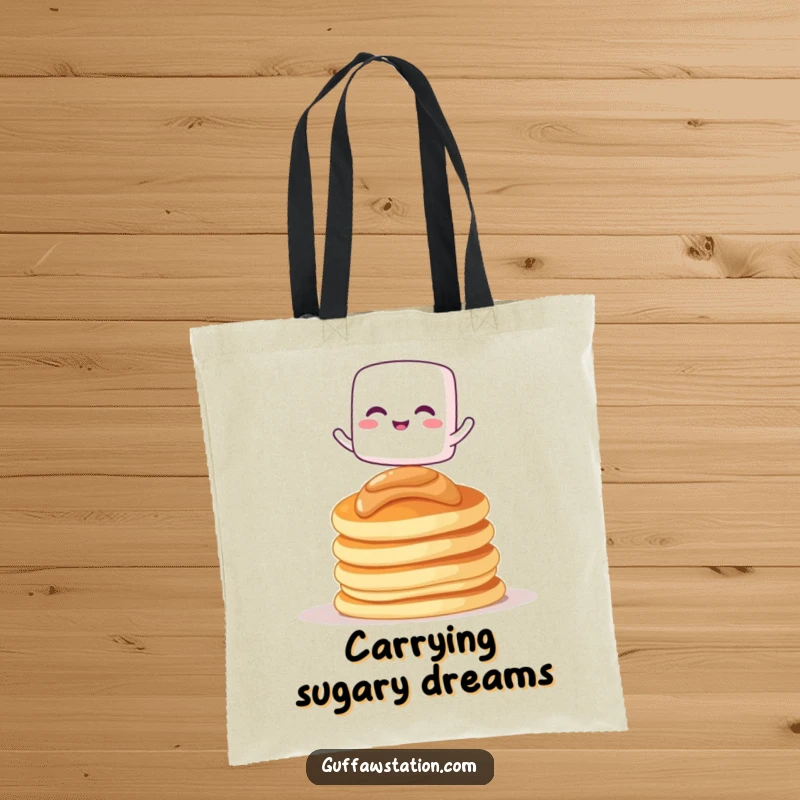 Funny tote bag with a giggling marshmallow character balancing on pancakes, ideal for shopping and daily use.