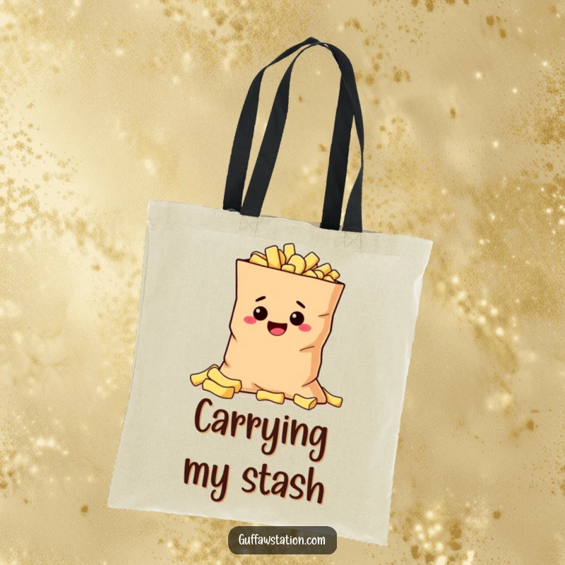 Funny mischievous potato hiding behind a giant bag of chips, featured on a durable and humorous tote bag.
