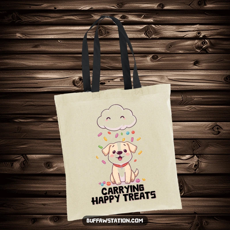 Funny tote bag showing a shy cloud showering colorful candy onto a small, surprised dog, bringing smiles.
