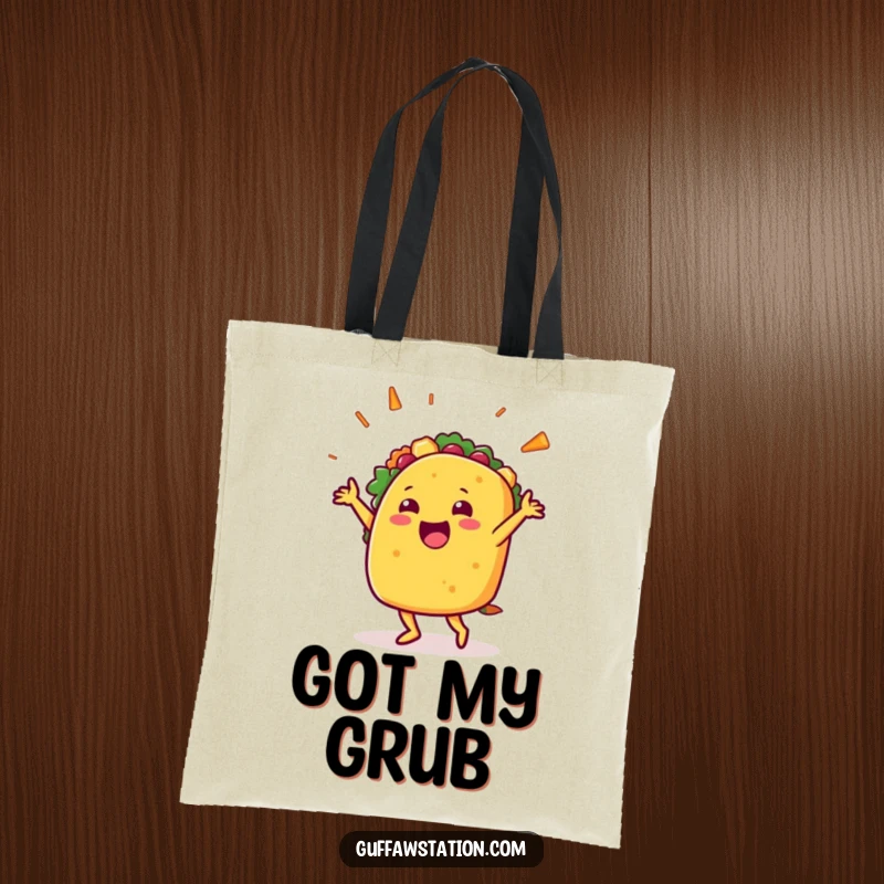 Funny tote bag showcasing a happy taco character dancing with its filling flying out, perfect for carrying essentials with festive flair.
