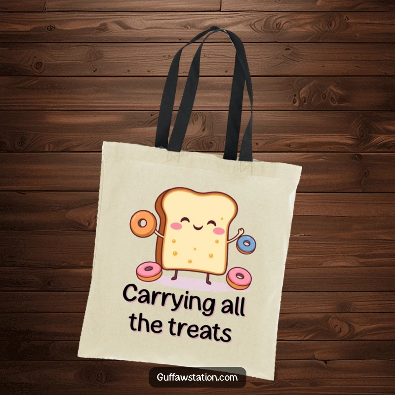 Funny tote bag with a happy slice of toast juggling colorful donuts, perfect for everyday use.