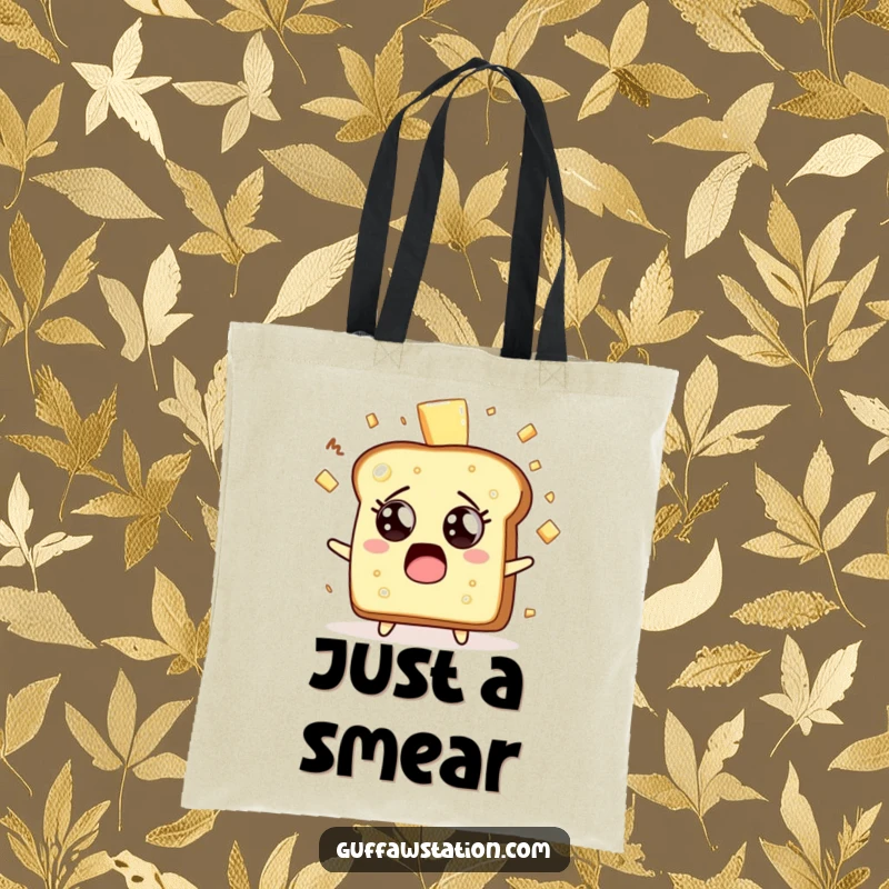 Funny surprised toast character with butter splattering on a durable tote bag, great for shopping.