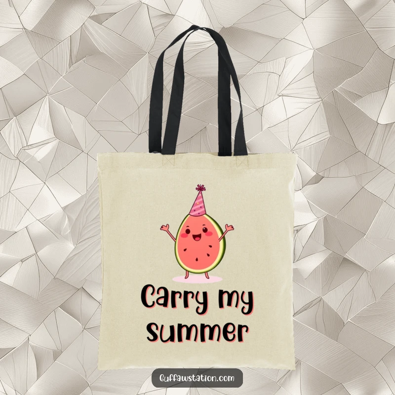 Funny watermelon tote bag shows a dancing slice in a party hat, ready for picnics and fun.