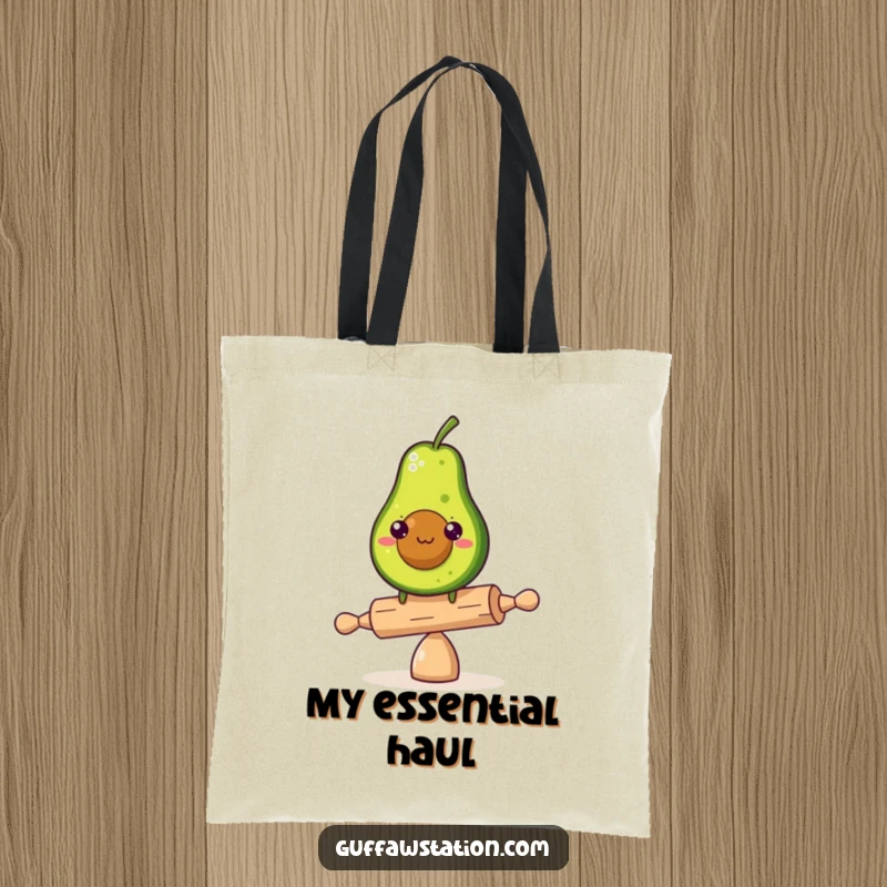 Funny determined avocado character balancing on a small rolling pin on a tote bag, a humorous accessory for everyday challenges.