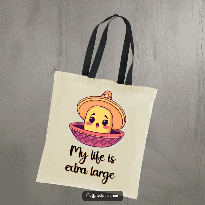 Funny tote bag with a surprised taco head peeking out from a giant sombrero, perfect for carrying essentials.