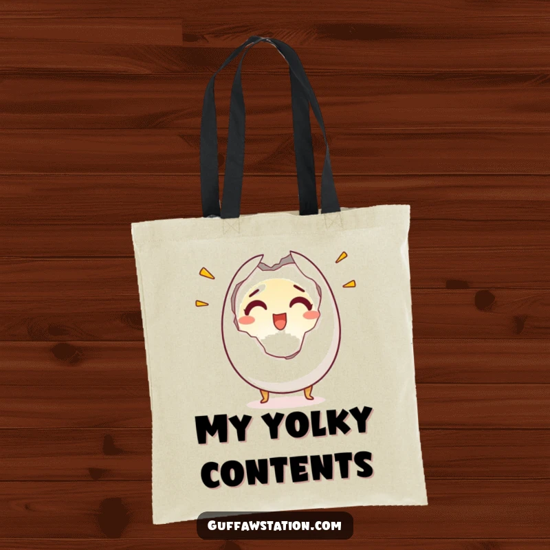 Funny tote bag showcasing a startled egg character cracking open with a shocked yet happy expression, ideal for carrying items with humor.